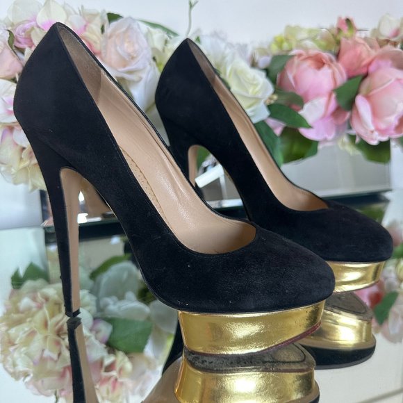 Charlotte Olympia Dolly Black Suede Heel With Gold Platform - Picture 1 of 8